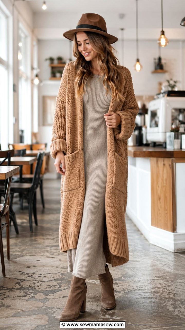 Tan chunky cardigan with ribbed knit maxi dress - 40 All tan outfit ideas