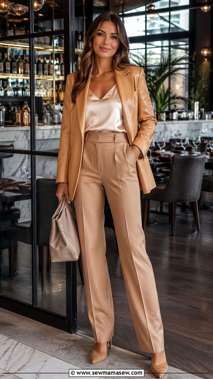 Tan leather blazer with silk camisole and tailored trousers - 40 All tan outfit ideas