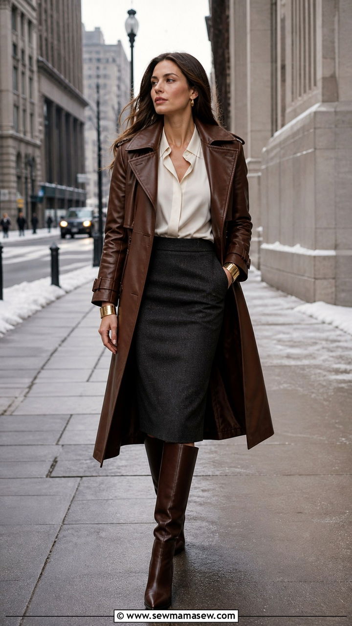 Tan leather trench coat with a wool pencil skirt and silk blouse - 40 Chic work outfit ideas