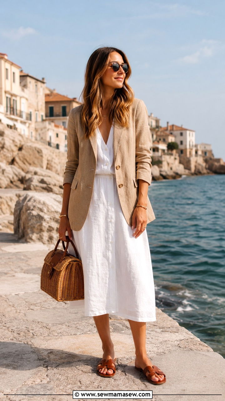 Tan linen blazer with white linen midi dress - 30 Linen blazer outfit ideas with a dress