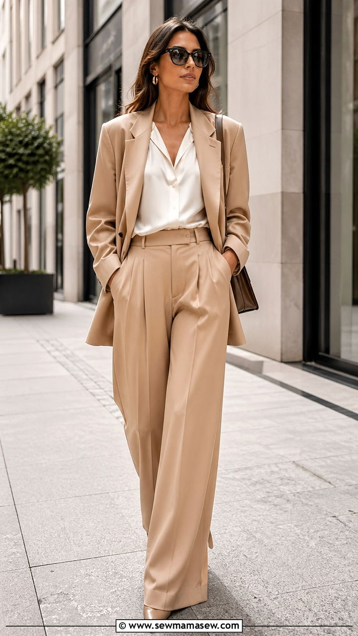 Tan oversized blazer with matching wide leg trousers - 40 All tan outfit ideas