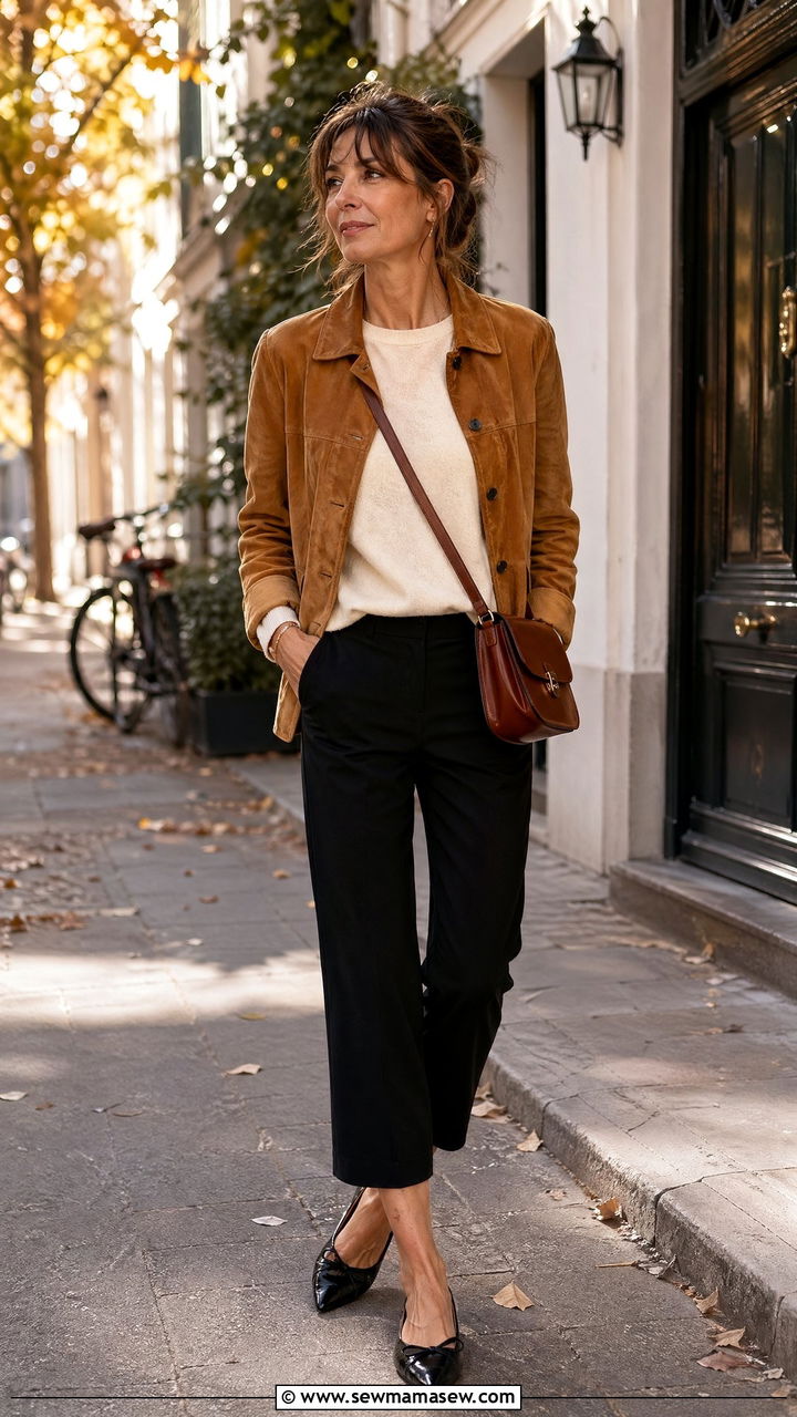 Tan suede jacket with cream sweater and cropped black pants - 35 French girl outfit ideas for women over 50