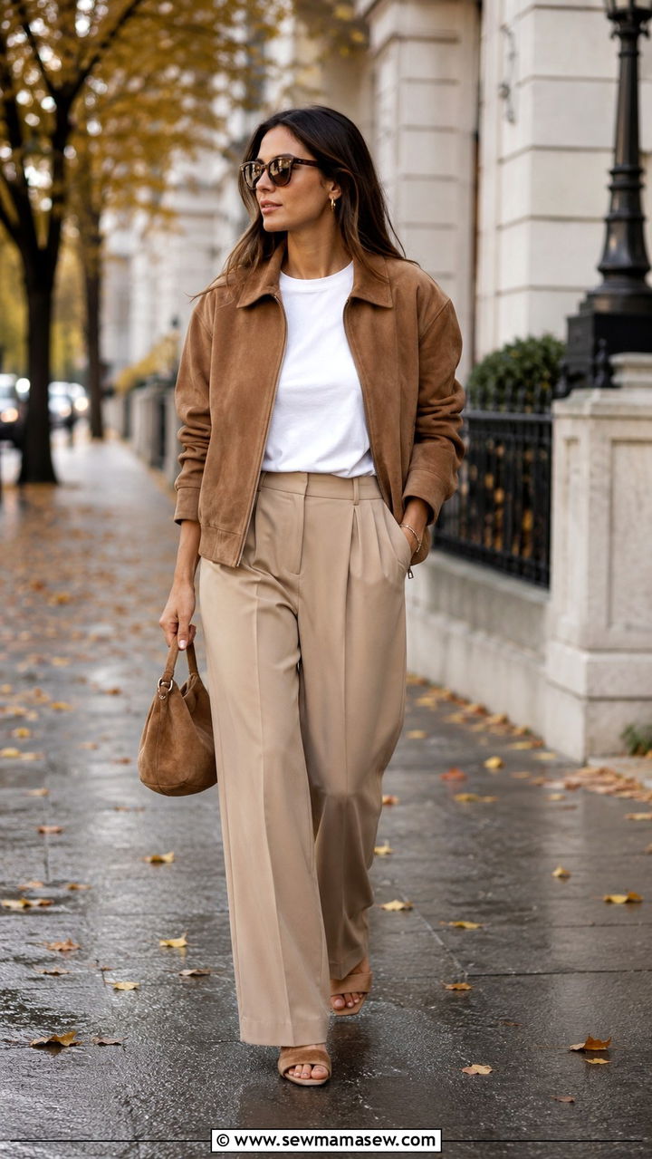 Tan suede jacket with tonal sand colored trousers - 20 Quiet luxury Loro Piana dupes outfit ideas