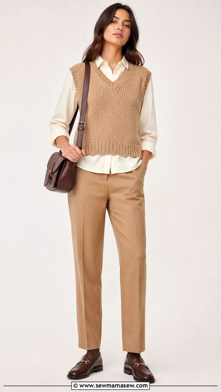 Tan sweater vest with tailored trousers and loafers - 40 All tan outfit ideas