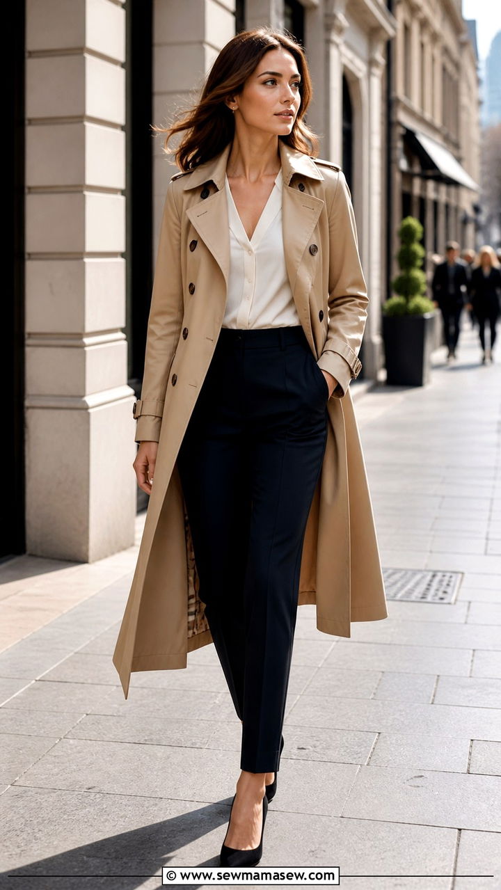 Tan trench coat with tailored trousers - 40 Business professional outfit ideas
