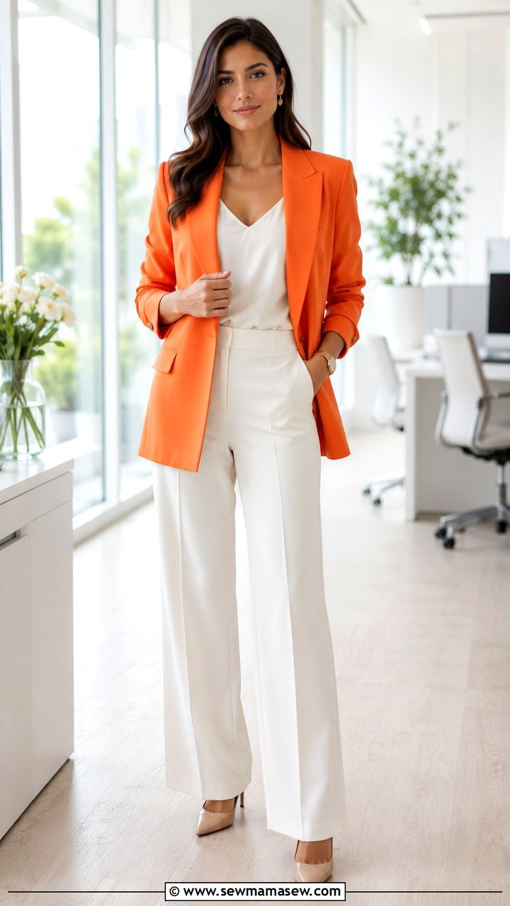 Tangerine Blazer With Wide Leg White Trousers - 20 spring tangerine outfit ideas