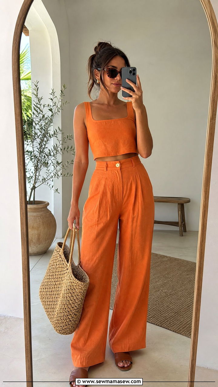 Tangerine Linen Two Piece Set Summer - 20 summer tangerine outfit ideas