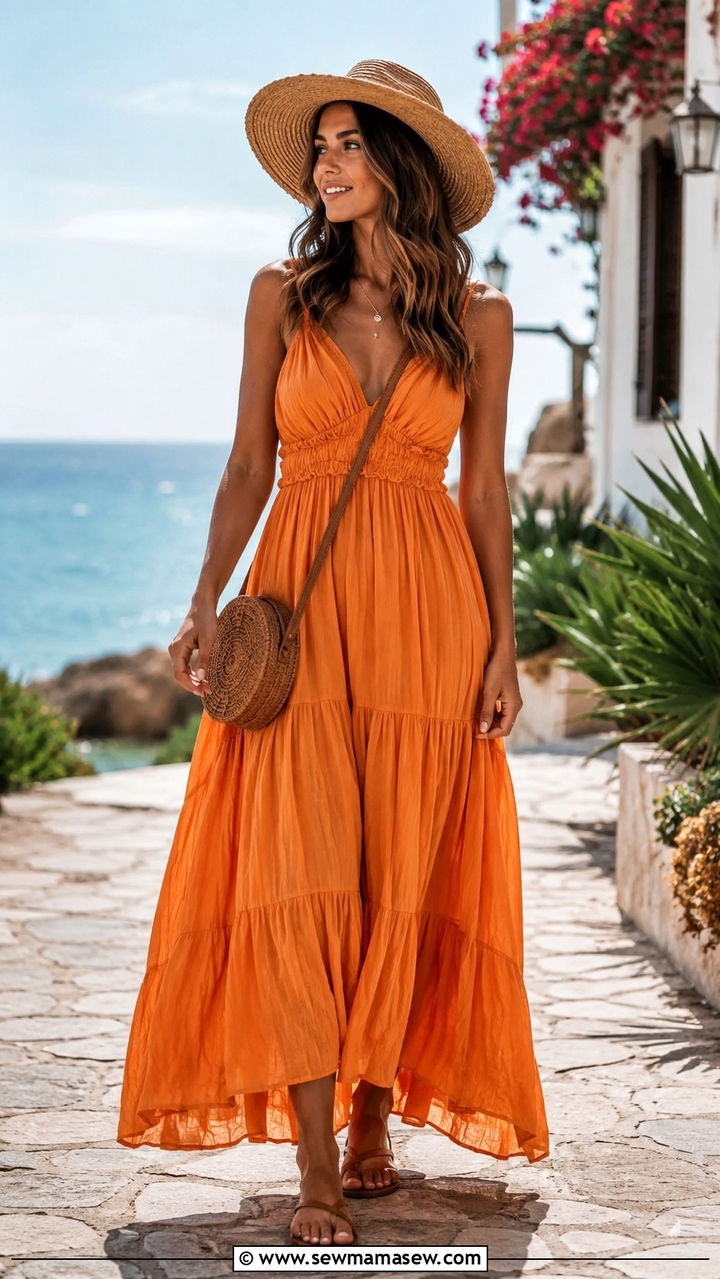 Tangerine Maxi Dress With Flat Sandals - 20 spring tangerine outfit ideas