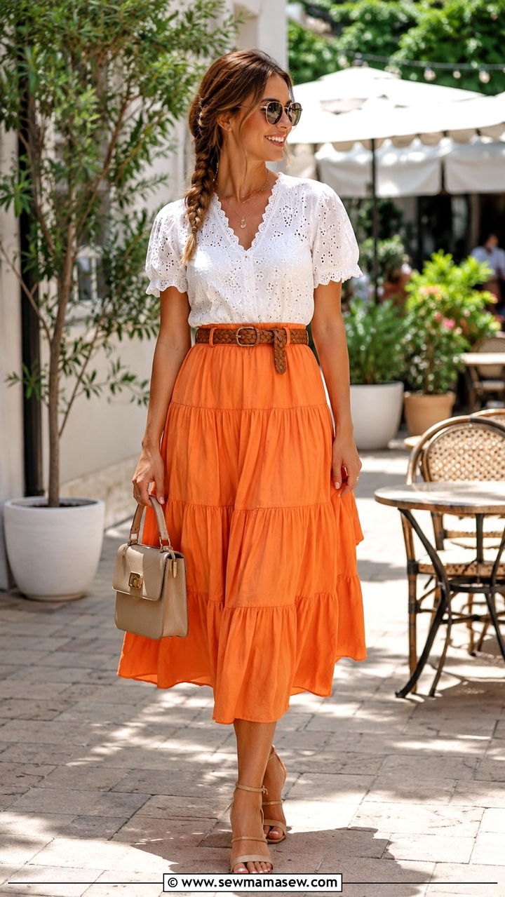 Tangerine Midi Skirt White Blouse Summer - 20 summer tangerine outfit ideas