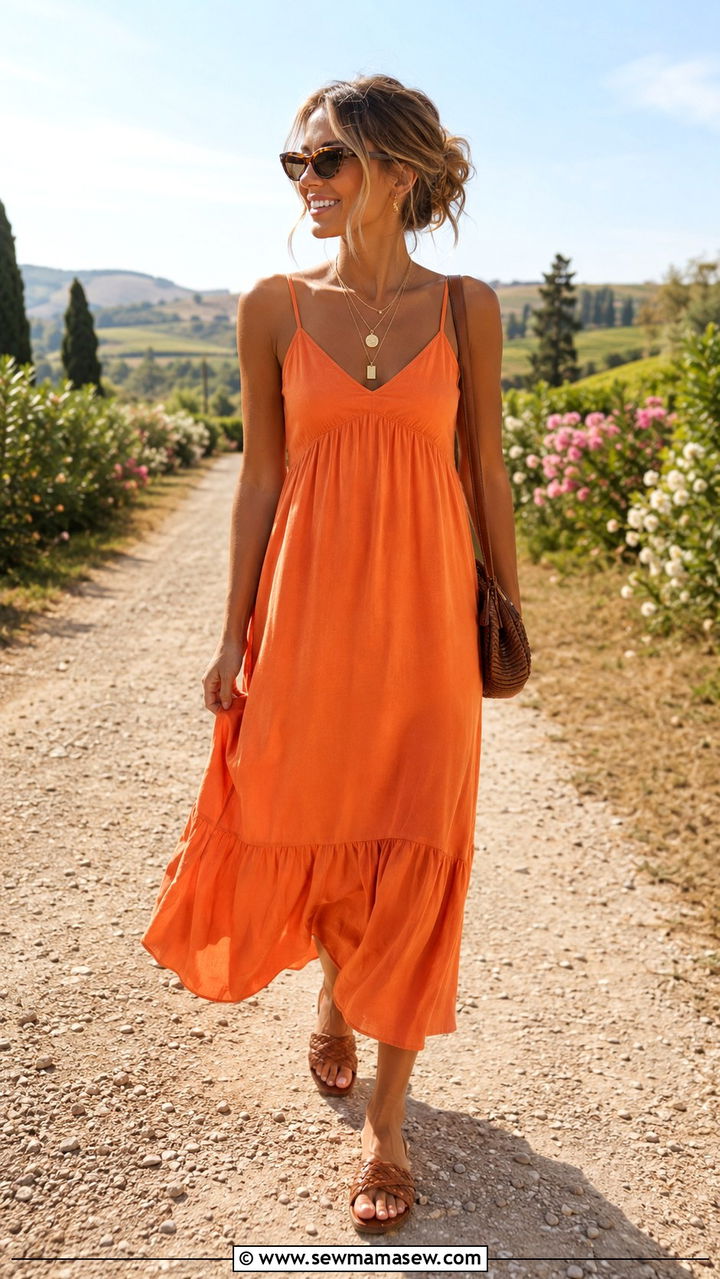 Tangerine Sundress Brown Sandals Summer - 20 summer tangerine outfit ideas