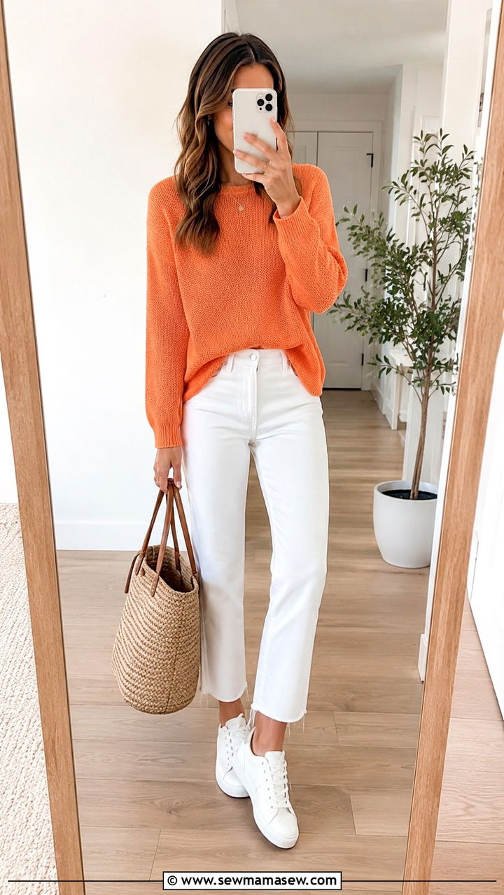 Tangerine Sweater With Cropped White Jeans - 20 spring tangerine outfit ideas