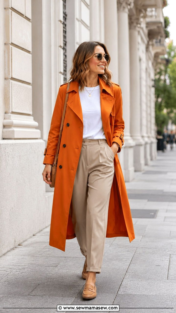 Tangerine Trench Coat Over Neutral Layers - 20 spring tangerine outfit ideas