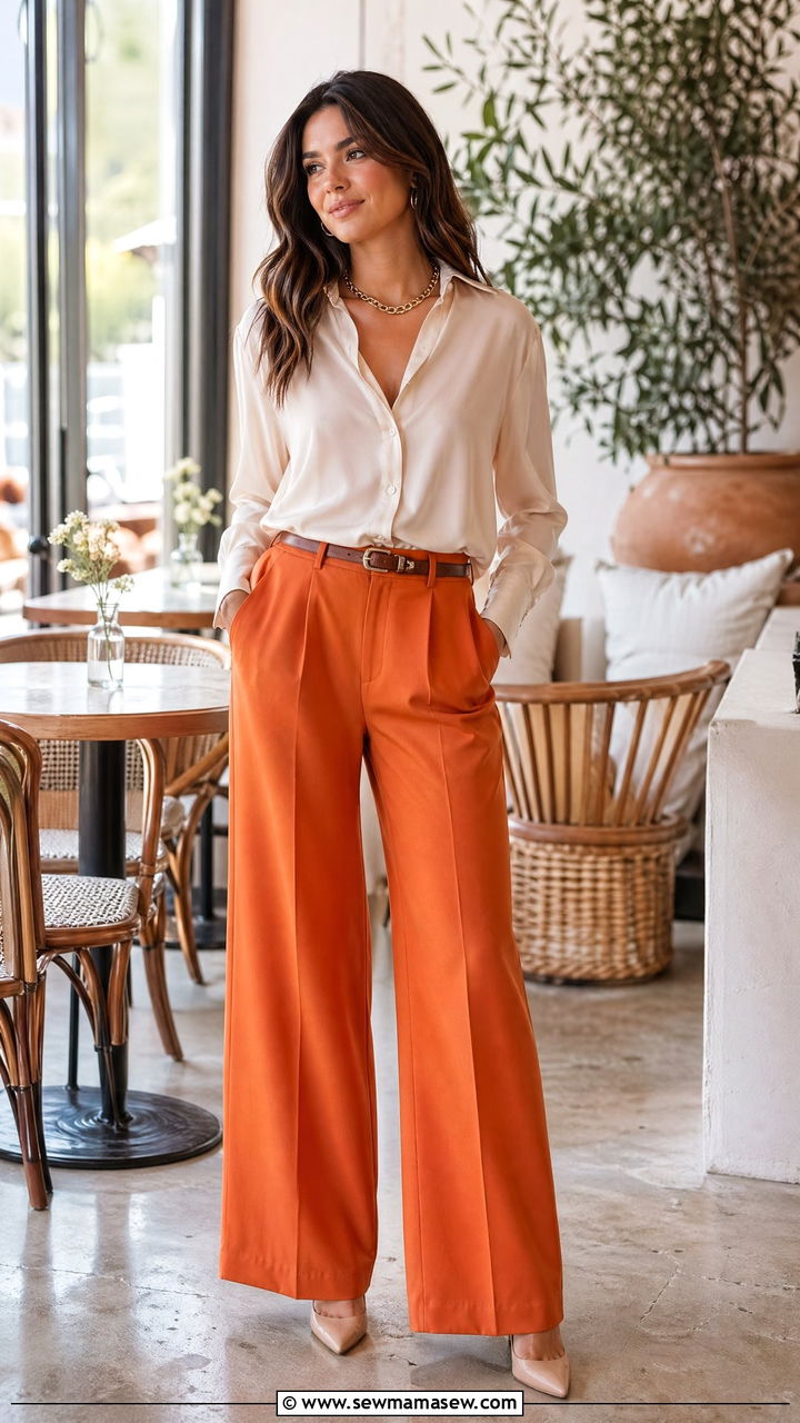 Tangerine Wide Leg Pants and Neutral Blouse Outfit - 35 Dopamine dressing outfit ideas