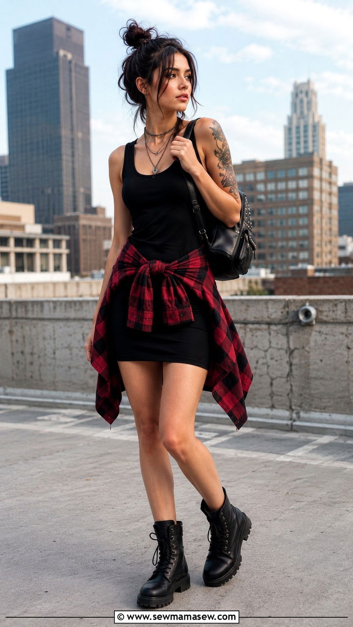 Tank Dress with Flannel Around Waist Outfit - 30 how to style tank dress outfits
