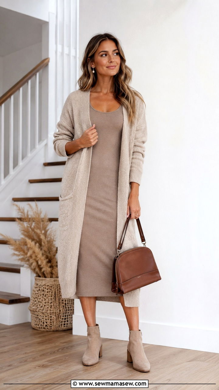 Tank Dress with Long Cardigan and Ankle Boots - 30 casual tank dress outfits