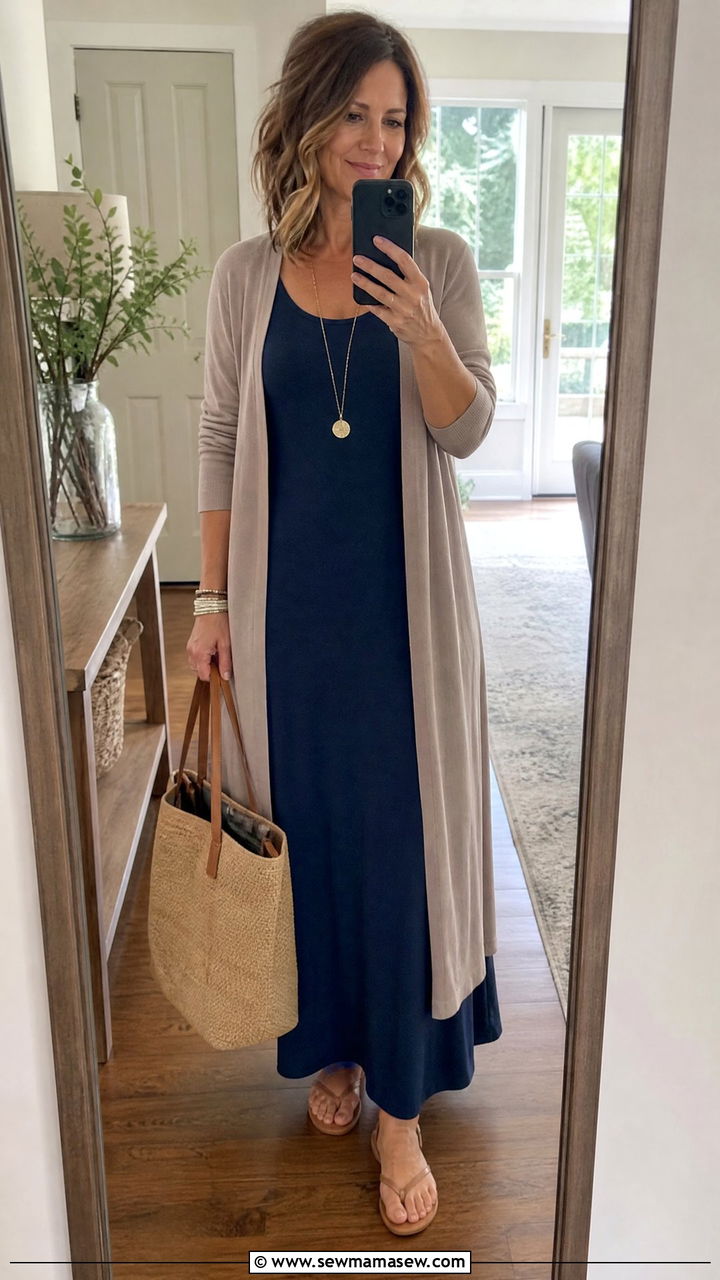 Tank Maxi Dress With Duster Cardigan And Sandals - 30 Maxi dress for women over 40 outfit ideas