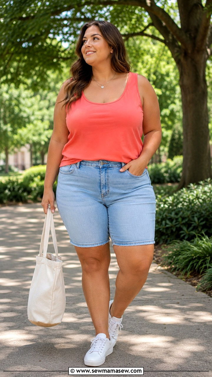 Tank Top And Bermuda Denim Shorts - 25 Plus size outfit ideas size 16 summer
