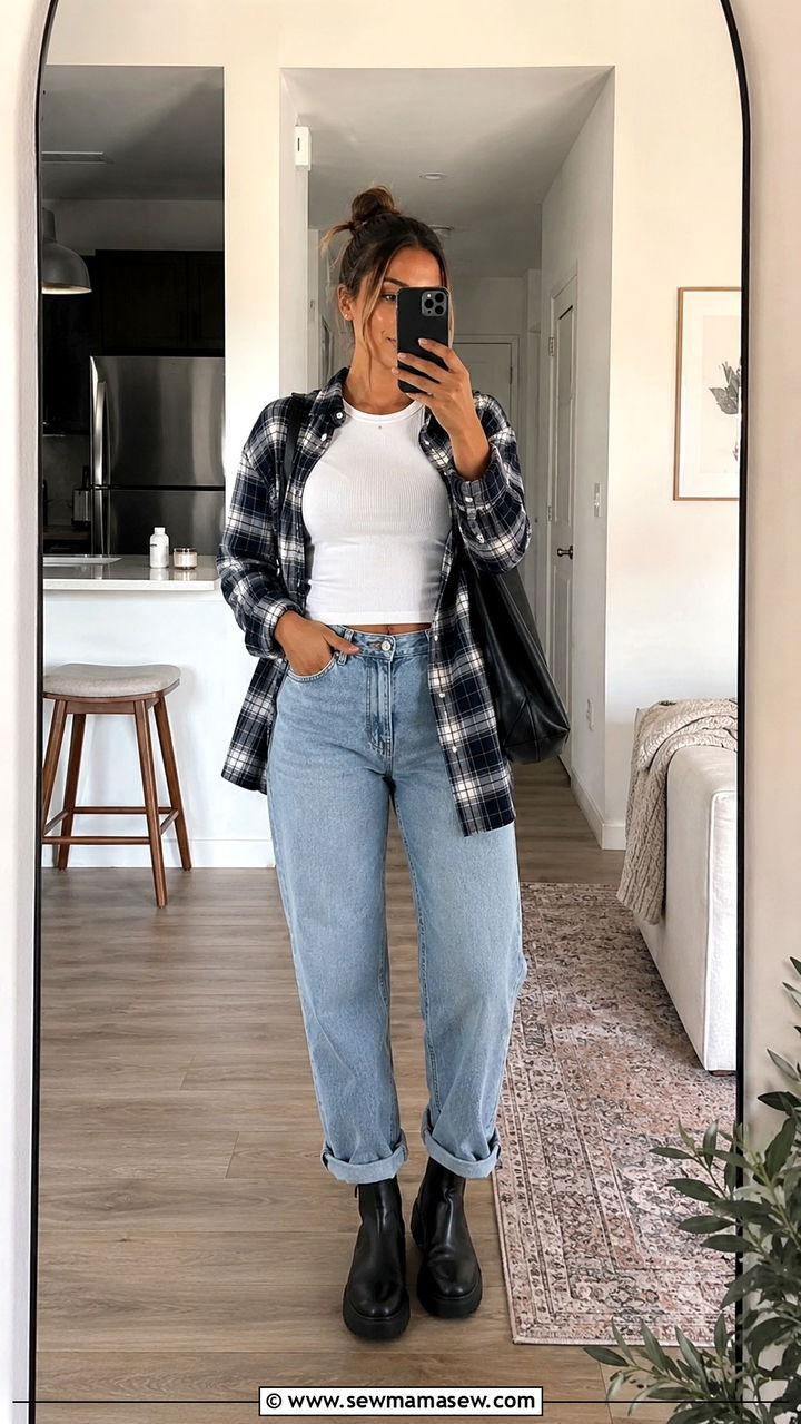 Tank Top And Flannel Over Boyfriend Jeans - 25 Travel nurse outfit ideas