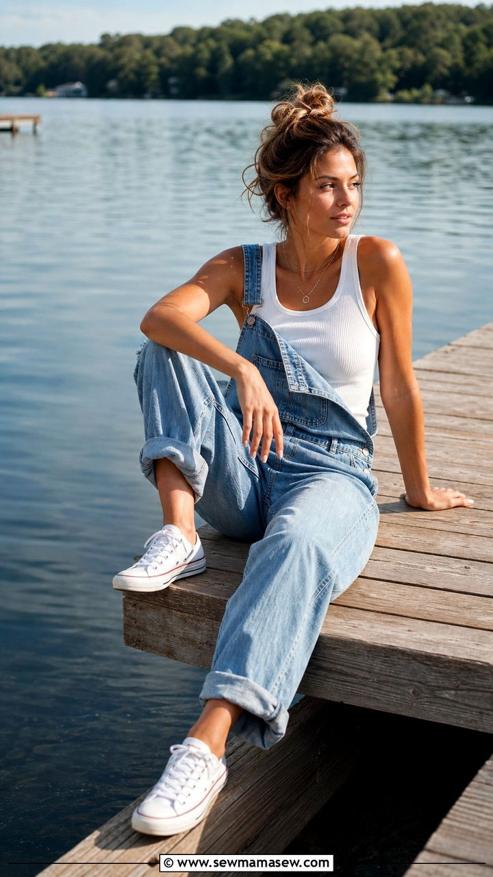 Tank Top Under Overalls With Sneakers - 25 Summer lake day outfit ideas