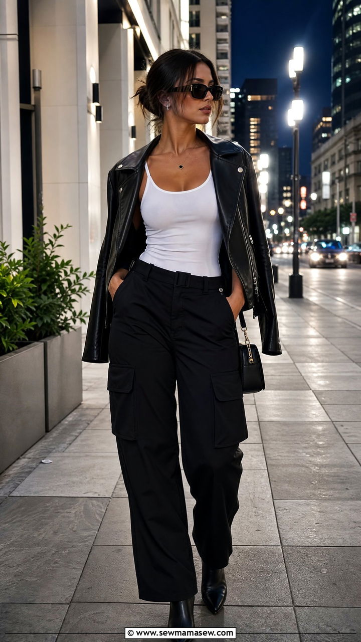 Tank Top With Cargo Pants and Leather Jacket - 25 Cargo pants outfit ideas with tank top