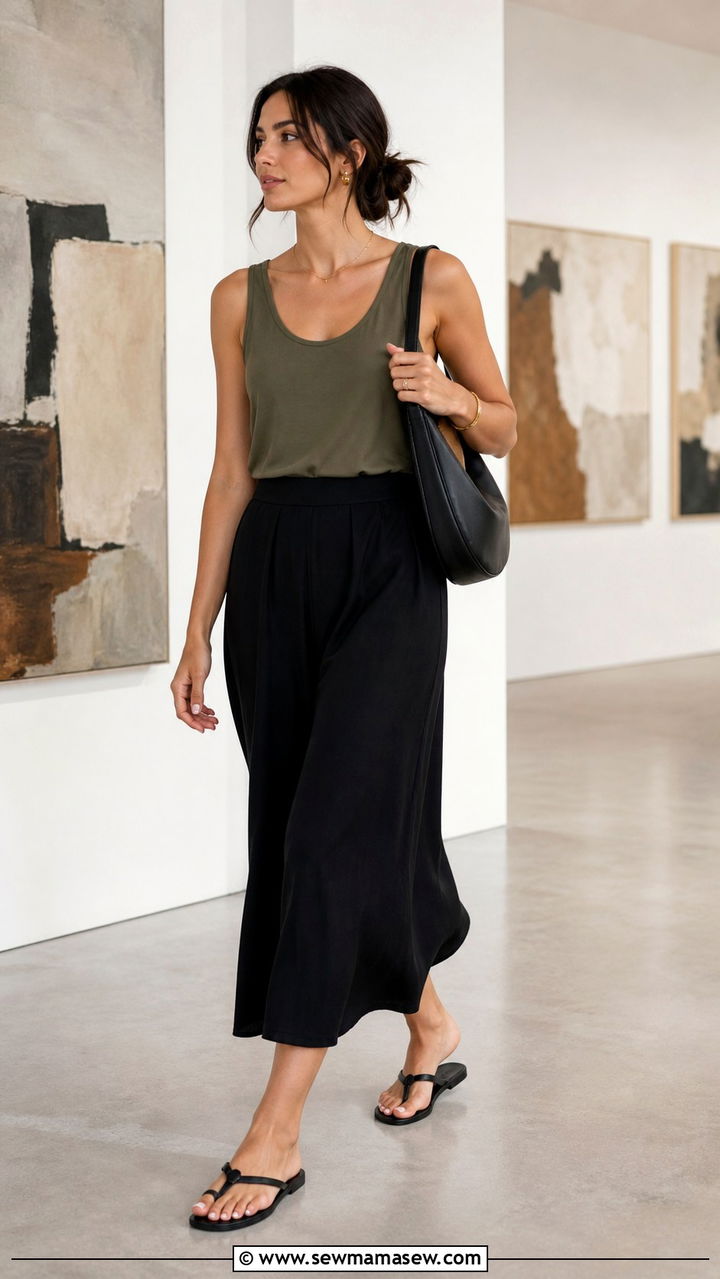 Tank Top With Culottes And Minimalist Toe Loop Sandals - 40 Summer outfits with sandals