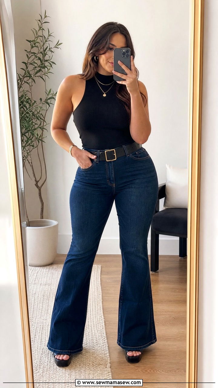 Tank Top With High Waisted Flare Jeans - 25 casual outfits for pear shaped body