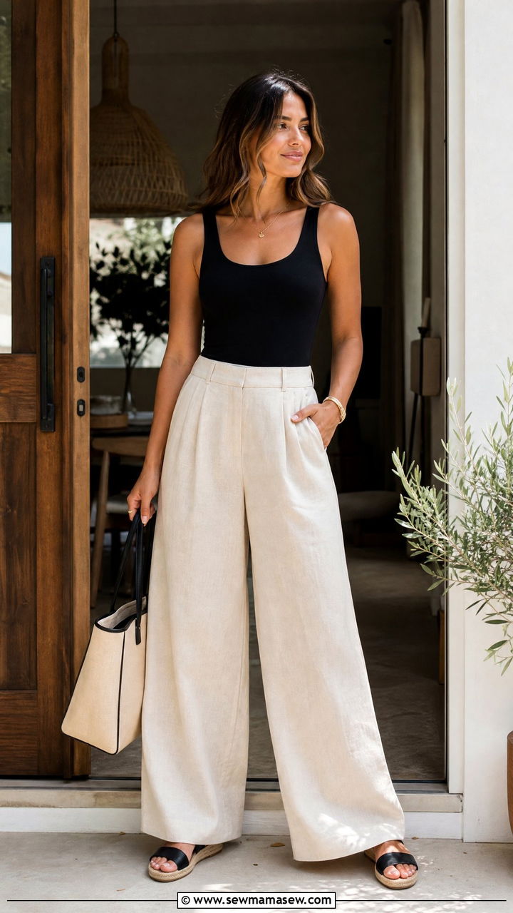 Tank Top With Linen Wide Leg Pants - 30 Summer outfit ideas for stay at home mom