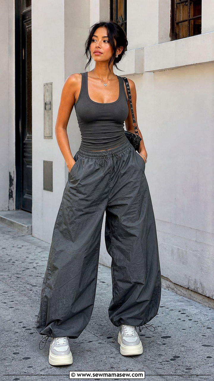 Tank Top With Parachute Pants and Platform Sneakers - 40 casual tank top outfits