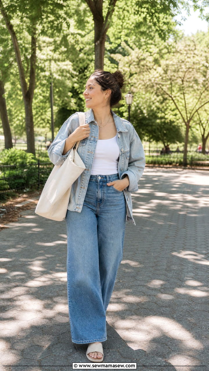 Tank Top and Denim Jacket with Wide Leg Jeans - 30 summer wide leg jeans outfit ideas