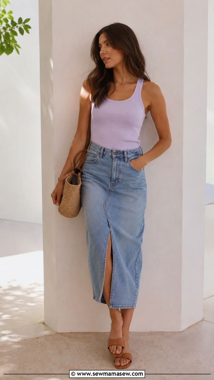 Tank Top and Denim Skirt With Flat Sandals - 30 Denim skirt outfit ideas for summer