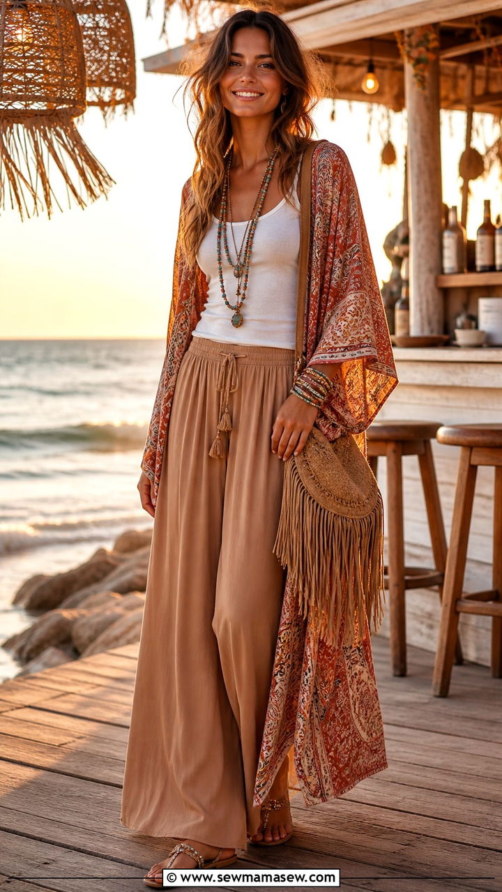 Tank Top and Kimono with Rayon Palazzo Pants - 40 palazzo pants outfit ideas