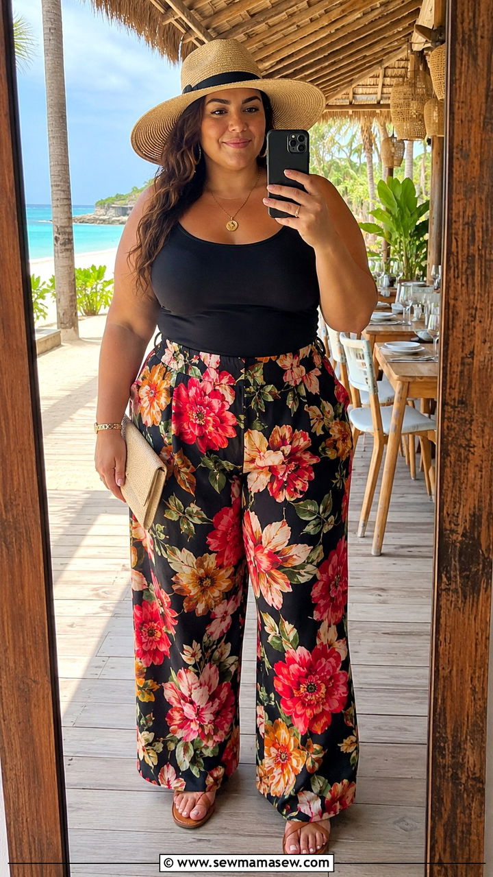 Tank Top with Printed Palazzo Pants - 30 Plus size outfit ideas for beach