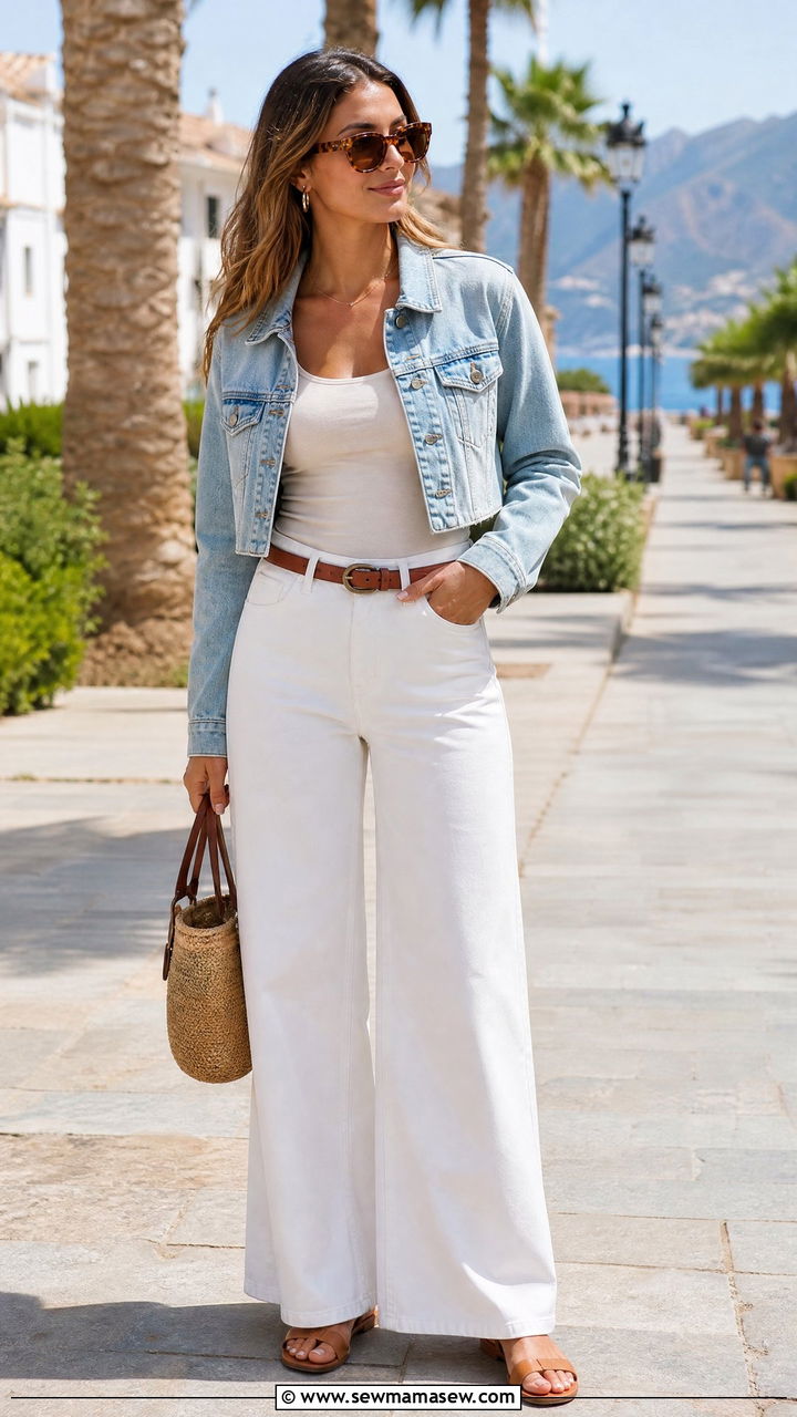 Tank With Denim Jacket And White Wide Leg Jeans - 30 Summer outfits with wide leg jeans
