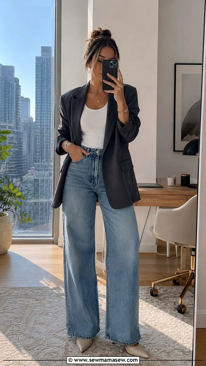 Tank and relaxed blazer with wide leg jeans wfh outfit - 30 Remote worker outfit ideas