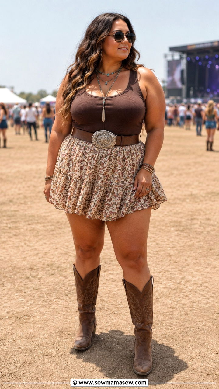 Tank top and floral mini skirt outfit - 30 plus size country concert outfit ideas