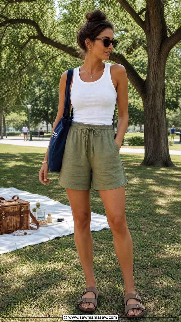 Tank top and linen shorts summer outfit - 35 hot weather outfits casual