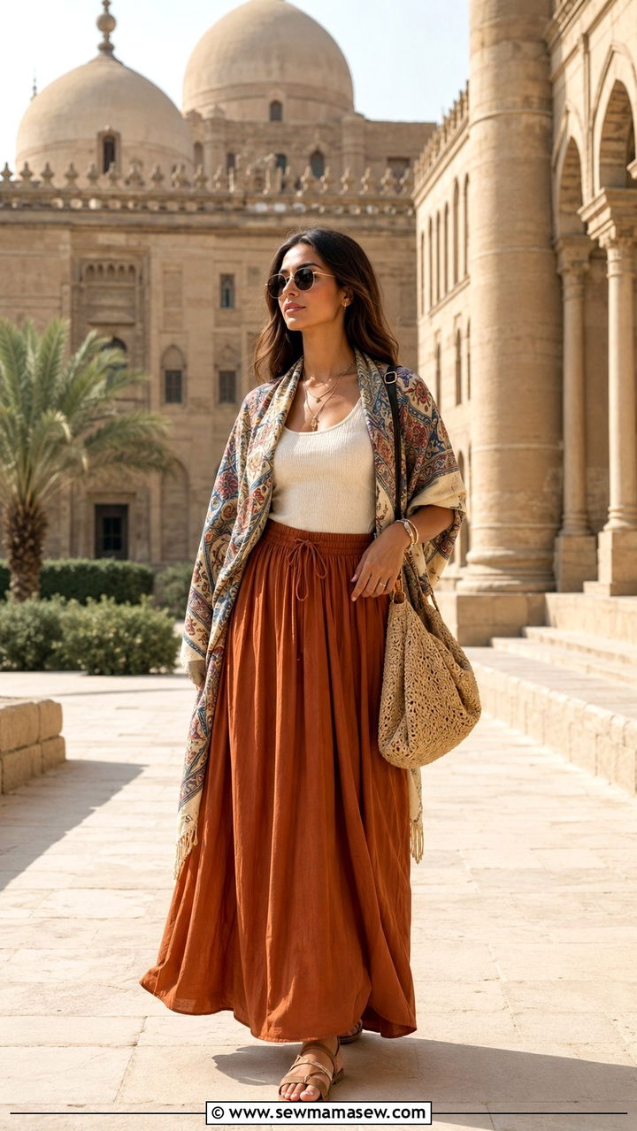 Tank top and maxi skirt with scarf outfit for Egypt - 20 Modest outfit ideas for Egypt