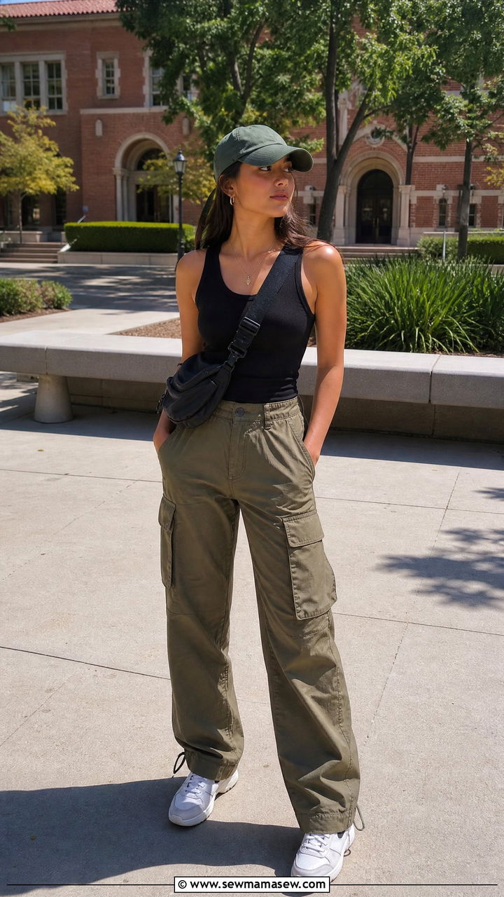 Tank top and utility cargo pants outfit - 30 Summer capsule wardrobe for college