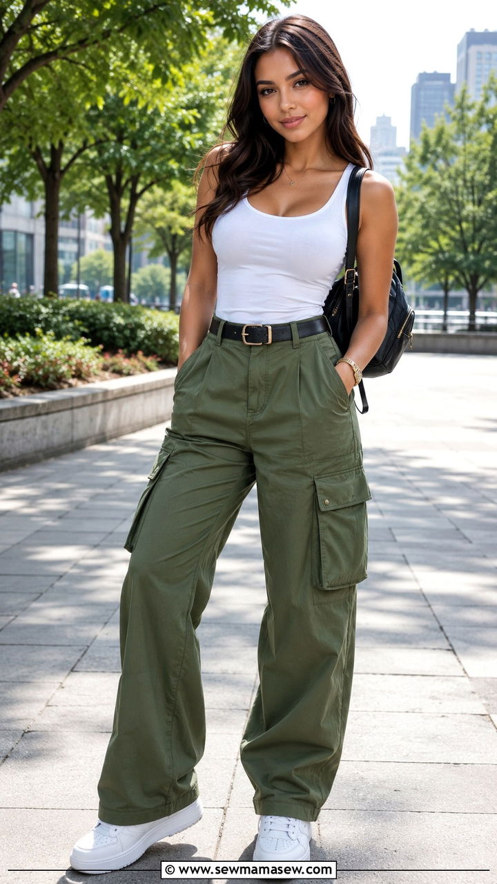 Tank top with wide leg cargo pants and sneakers - 25 Wide leg pants outfit ideas with a tank top