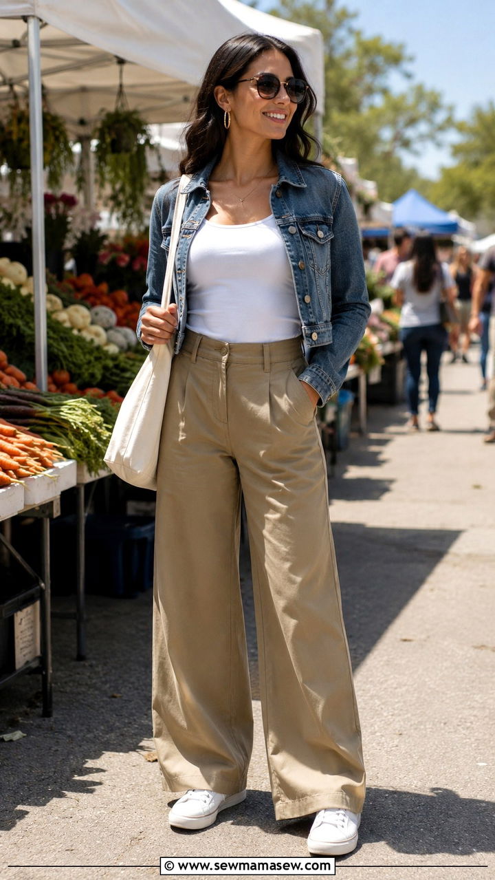 Tank top with wide leg pants and denim jacket - 25 Wide leg pants outfit ideas with a tank top
