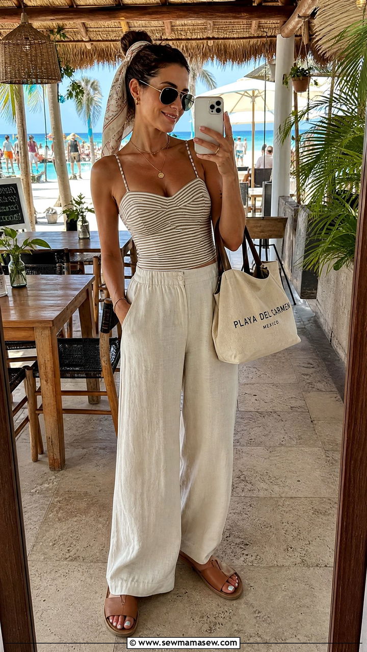 Tankini With Linen Trousers And Slide Sandals - 40 What to wear in Playa del Carmen