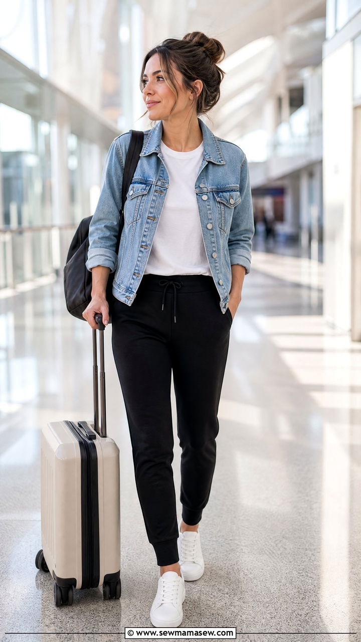 Tapered Joggers With Denim Jacket Travel Outfit - 30 modest airport outfit ideas