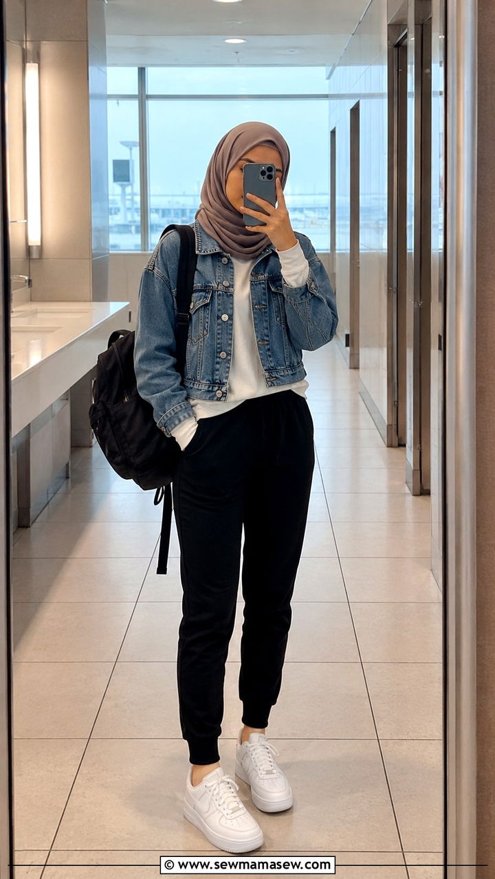 Tapered Joggers with Cropped Denim Jacket and Clean Sneakers - 30 Modest outfit ideas for airport