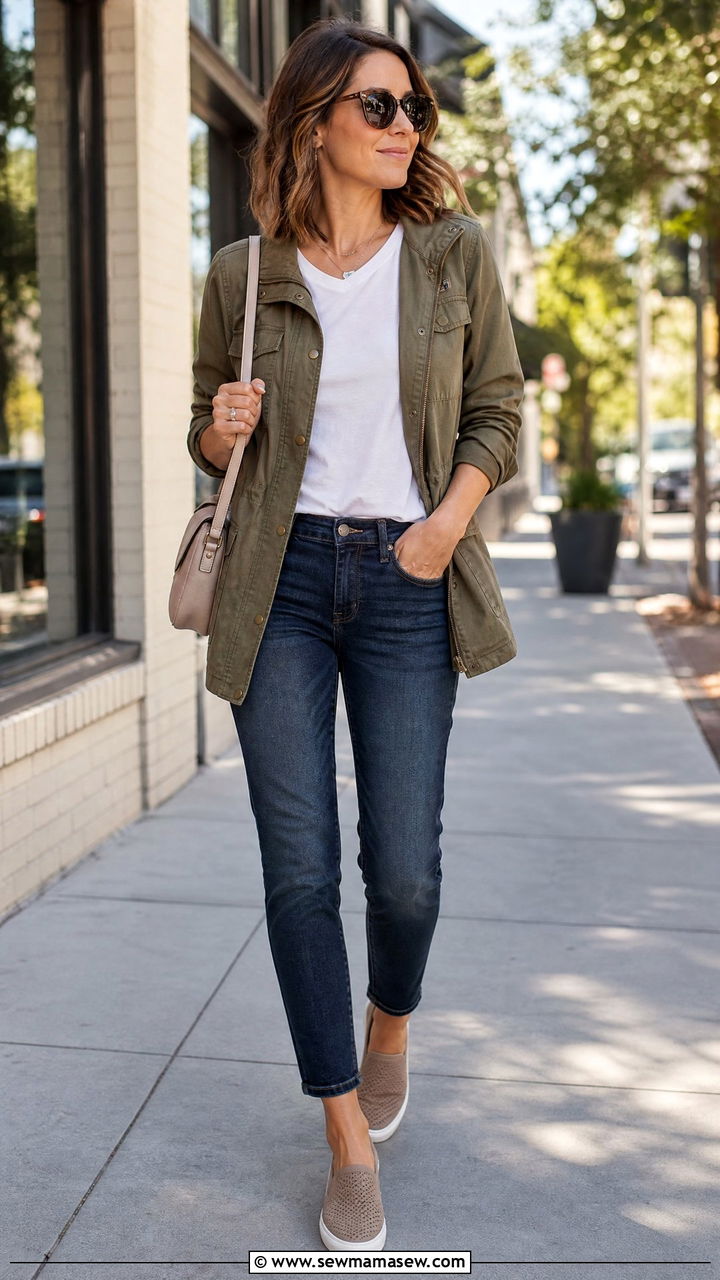 Tapered jeans with slip on sneakers and a utility jacket - 35 Jeans and sneakers outfit ideas over 40