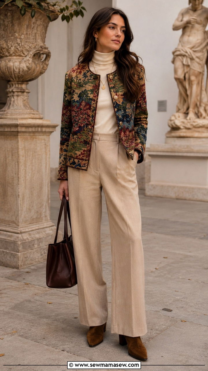 Tapestry Print Jacket With Neutral Basics And Suede Boots - 25 Boho outfit ideas with suede boots