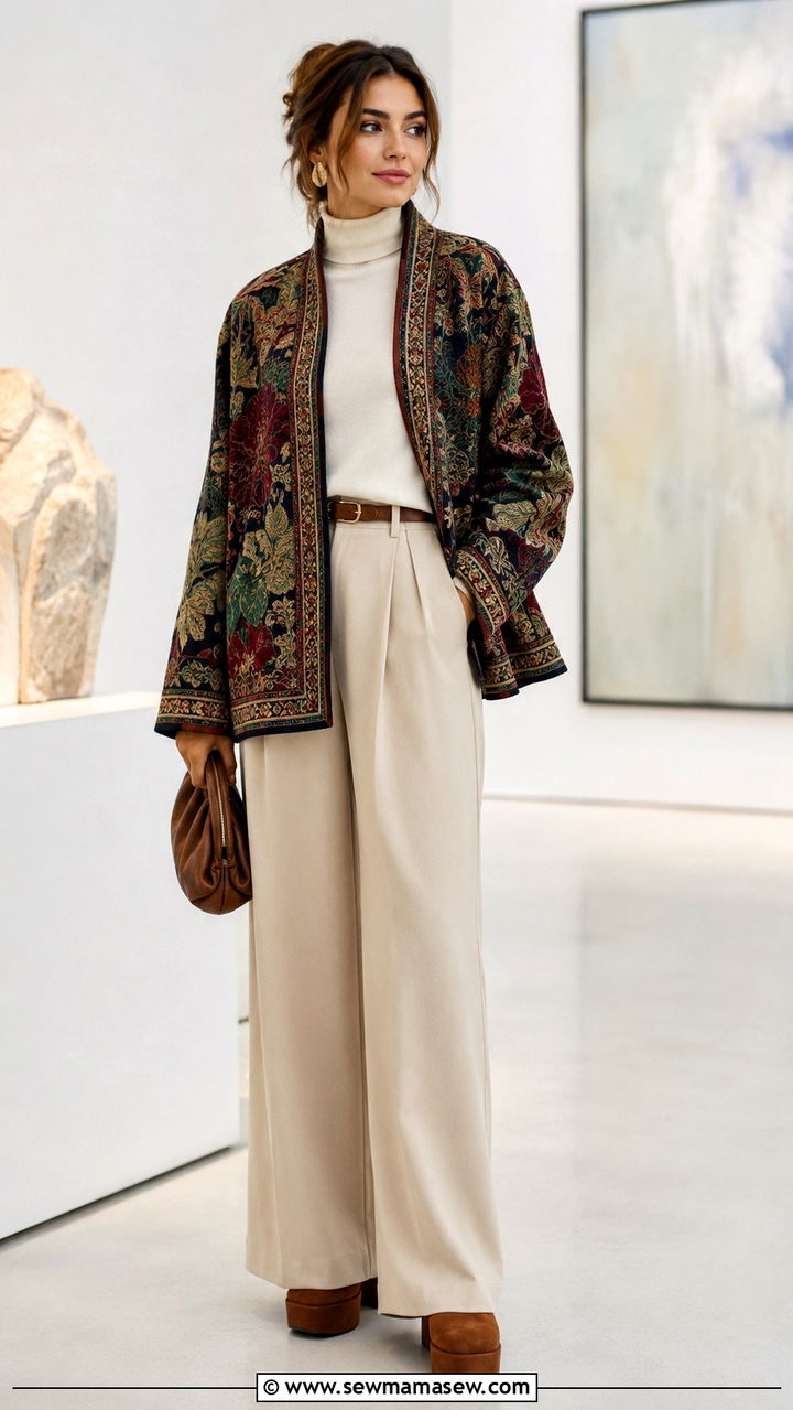 Tapestry Print Jacket With Neutral Pants Boho Look - 20 Boho outfit ideas Free People style