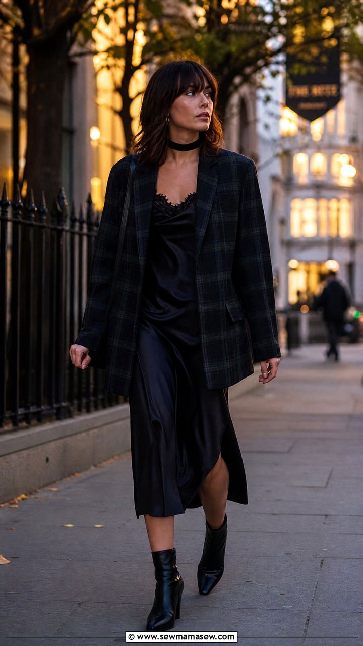 Tartan Blazer With Satin Slip Dress - 30 Dark romance outfit ideas