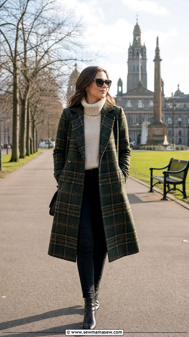 Tartan Check Coat and Chunky Roll Neck With Leather Gloves - 25 Glasgow outfit ideas