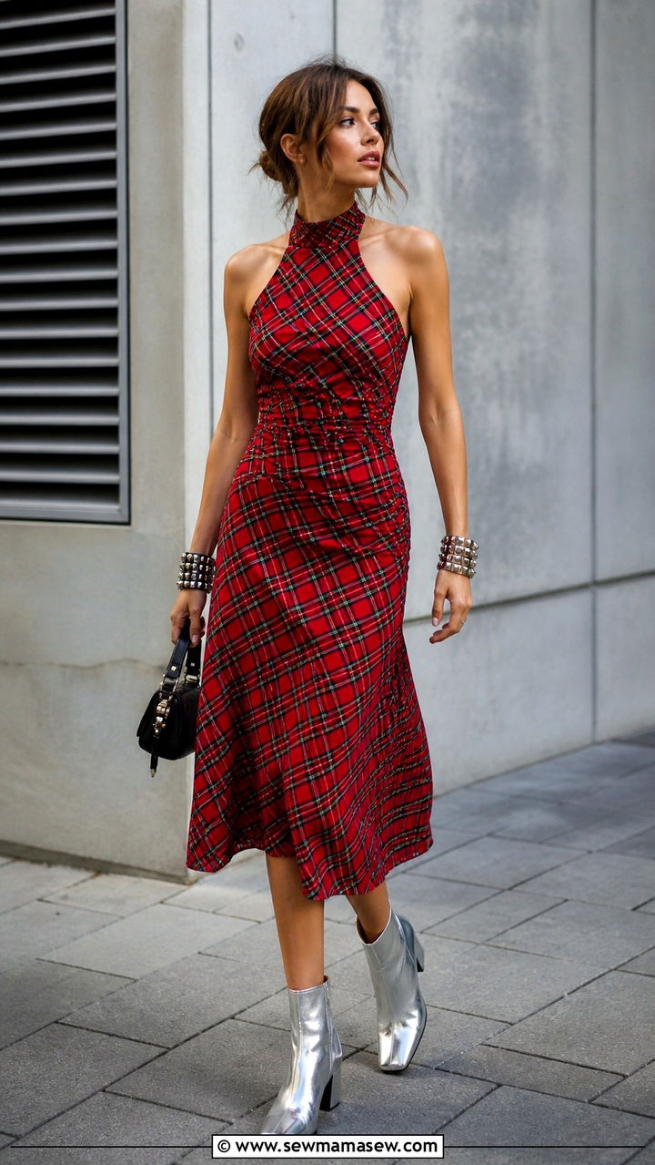 Tartan Halter Neck Midi Dress With Metallic Boots - 40 grunge outfits ideas
