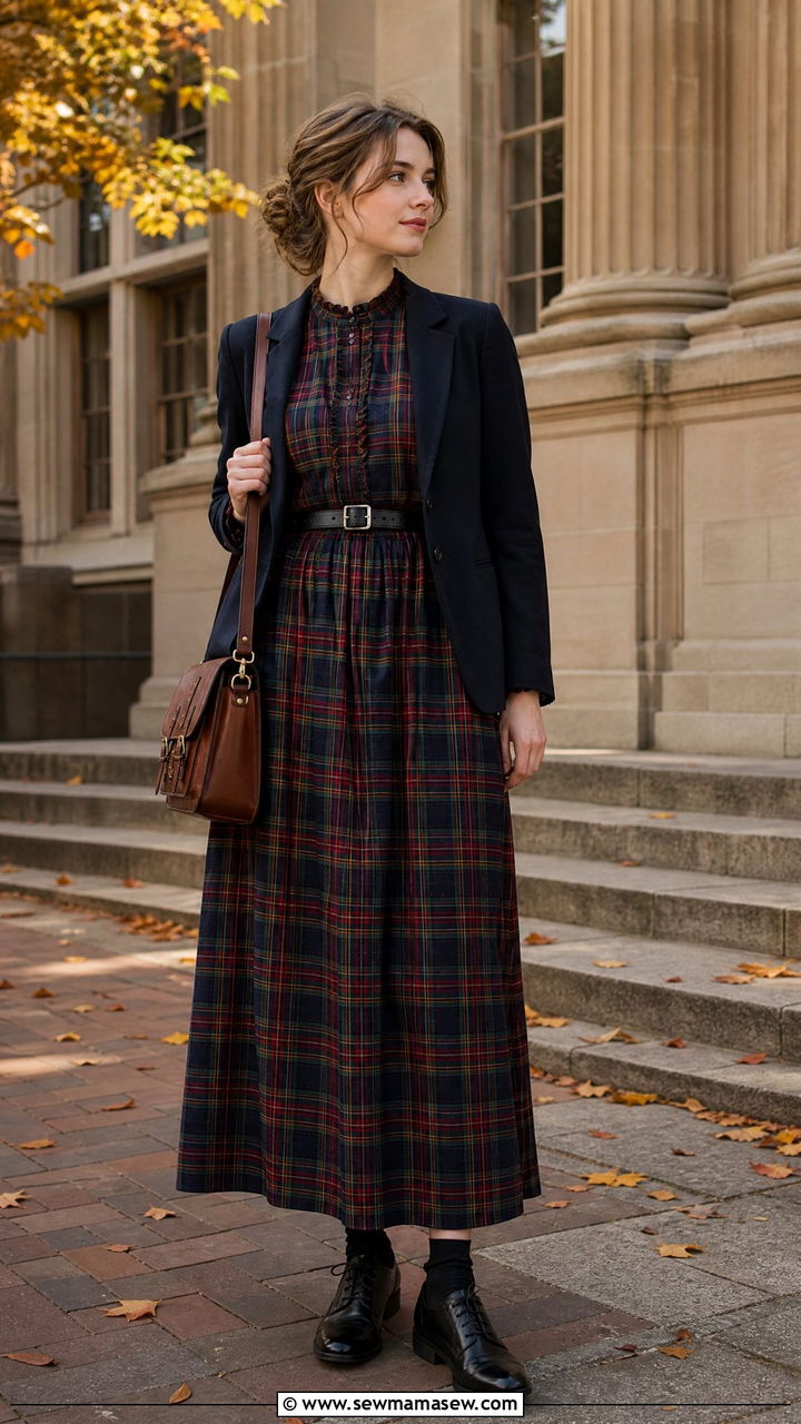 Tartan Maxi Dress with Black Leather Belt and Oxfords - 30 Maxi dress outfit ideas with a belt
